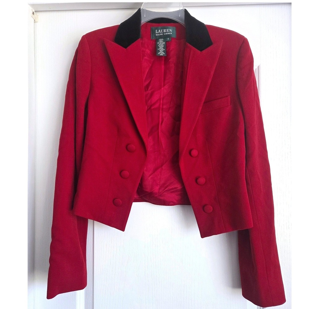 VTG Lauren Ralph Lauren Red Wool Crop Blazer Black Velvet Collar Equestrian 6